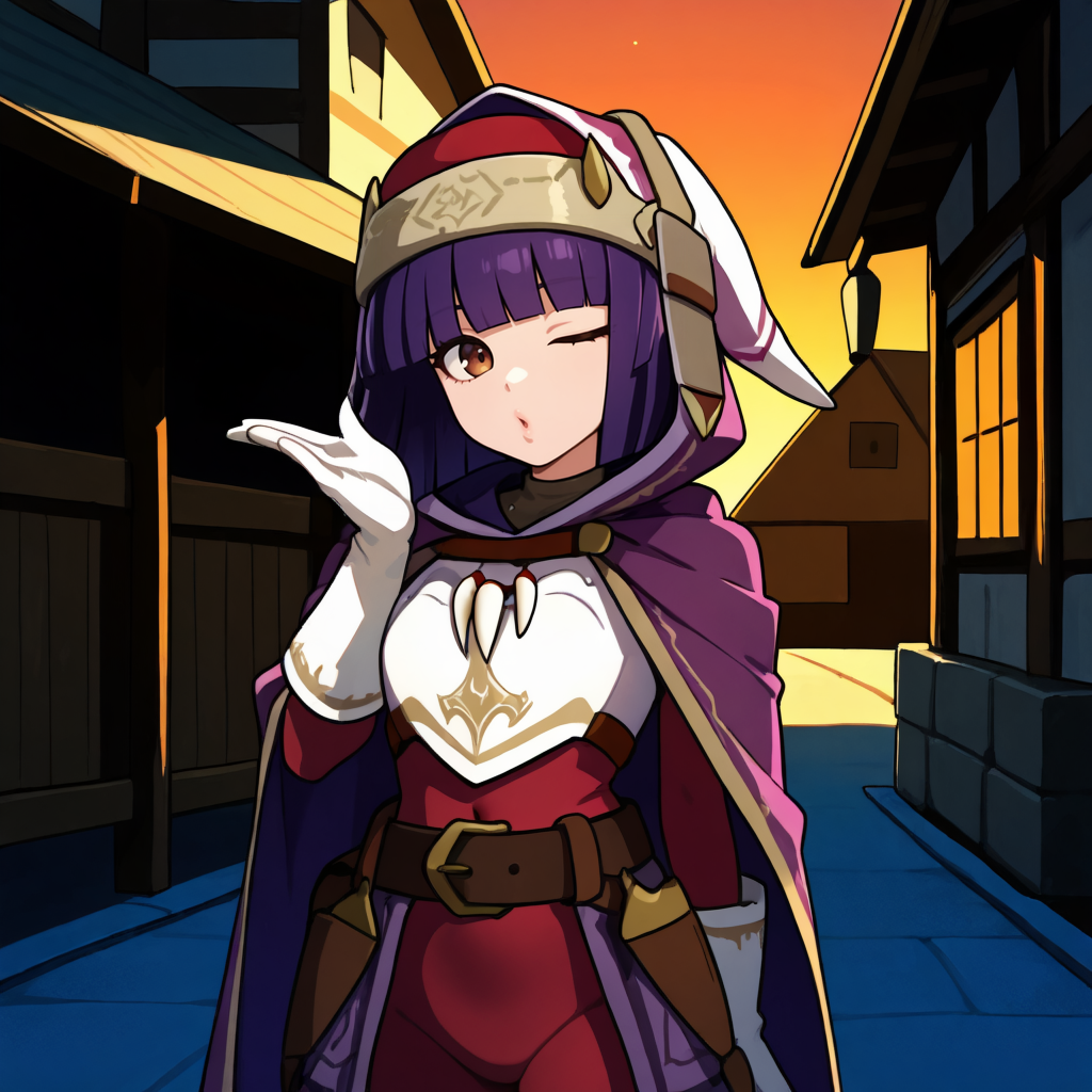 47709-3929129248-_lora_BeatrixIL_0.9_ , bdef, 1girl, purple hair, short hair, blunt bangs, blunt ends, brown eyes, hood, hood up, hooded cloak, p.png